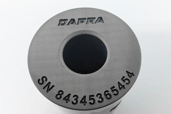 Logo and serial number on steel roll; .010 deep, marked with 50 watt laser